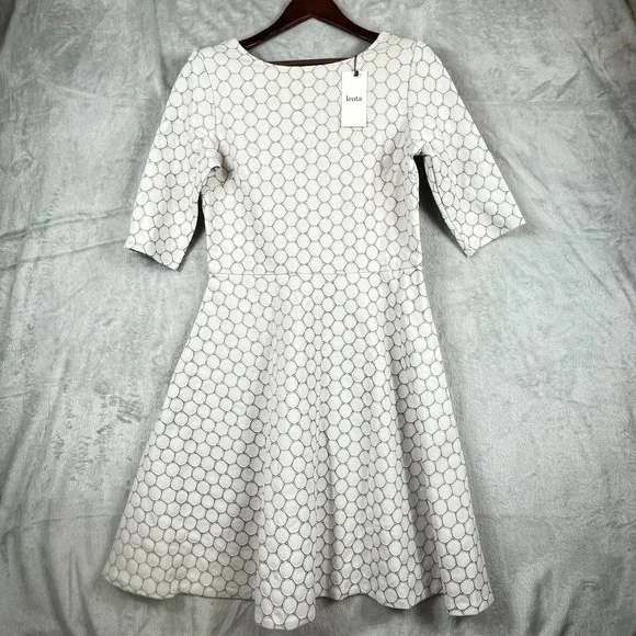 Leota Womens L Dot Luxe Jacquard Fit Flare Dress Ivory Black Scoop Back NWT